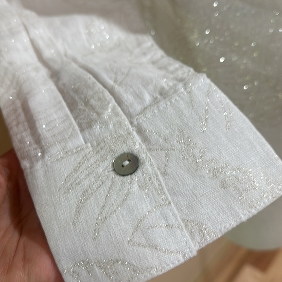 “Calyspo St. Barth 100% Linen Shirt – White Leaf Pattern w/ Lurex, - Picture 6 of 7